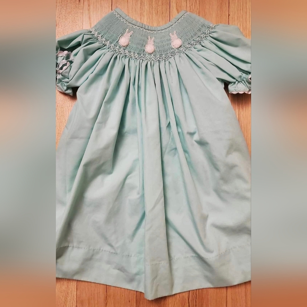 Handmade Easter Bunny Dress from Etsy. Size 18-24. 3 rabbits On Collar.